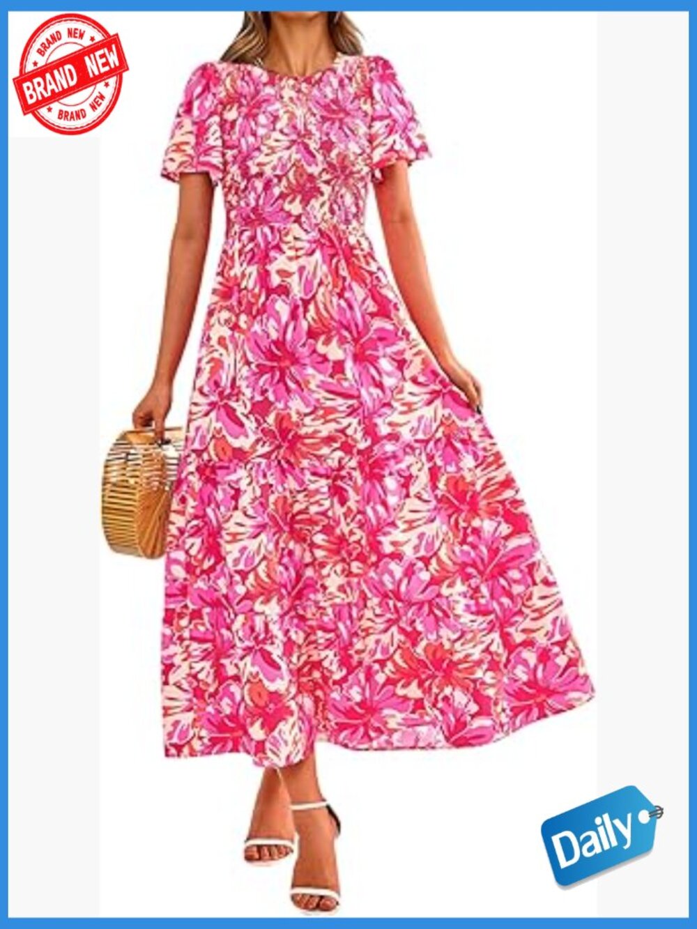 Flutter Short Sleeve Boho Floral Maxi Dress Smocked Tiered